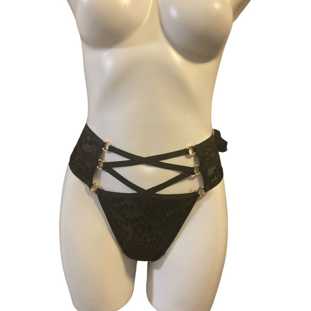 Victoria’s Secret Very Sexy High Waist Black Lace Thong Ring Accents Small